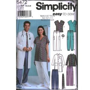 Simplicity 5472 Unisex Scrub Top Lab Jacket Pants Tie Pattern Size XS S M AA